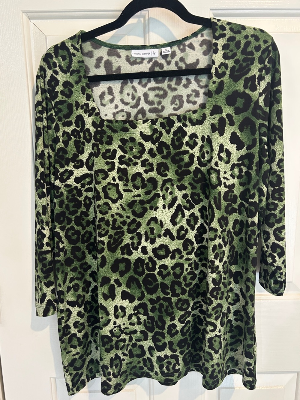 Susan Graver Olive and Black Leopard-Print Square Neck Tunic